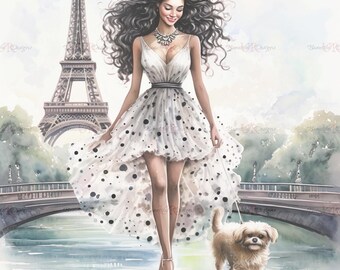 Paris Fashion Art Print: Polka Dot Dress, Seine River (Digital Download PNG/JPEG
