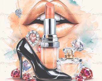 Glam Beauty Print | Watercolor Lipstick, Heels, Perfume Fashion Art (Digital Download)