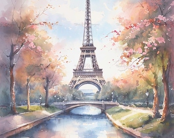 Eiffel Tower Watercolor Art | Romantic Paris Spring Floral Landscape (Digital Download)