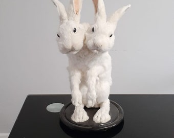 Two Headed Beast Rabbit Taxidermy, Standing White Bunny Mount