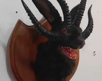 Evil Black Four Horned Jackalope Taxidermy With Real Fox Jaw Open