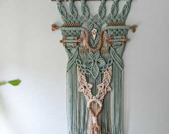 Sage Green Macrame Wall Hanging with Rope and Shell | Beachy Bohemian Home Decor | Boho Tapestry