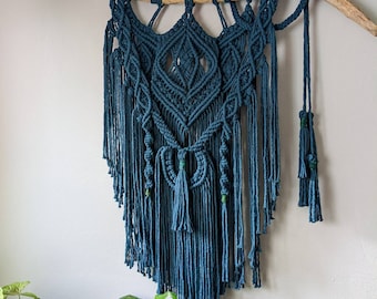 Large Macrame Wall Hanging with Driftwood and Tassels, Blue Wall Decor, Bohemian Style, One of a Kind Statement Piece