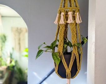 Chartreuse Vintage Style Macrame Plant Hanger, 1970's Home Decor, Large Plant Holder