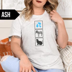 May include: A gray t-shirt with a graphic of a blue raindrop, a gray donkey, and a black cat. The text "ASH" is visible in the top left corner of the image.