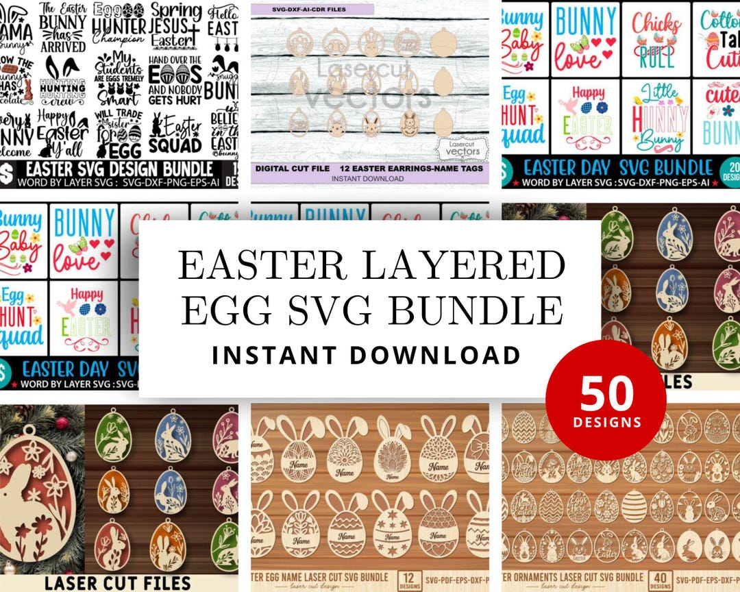 Easter Egg SVG Bundle, 50 Layered Designs, Cricut Silhouette Cut Files ...
