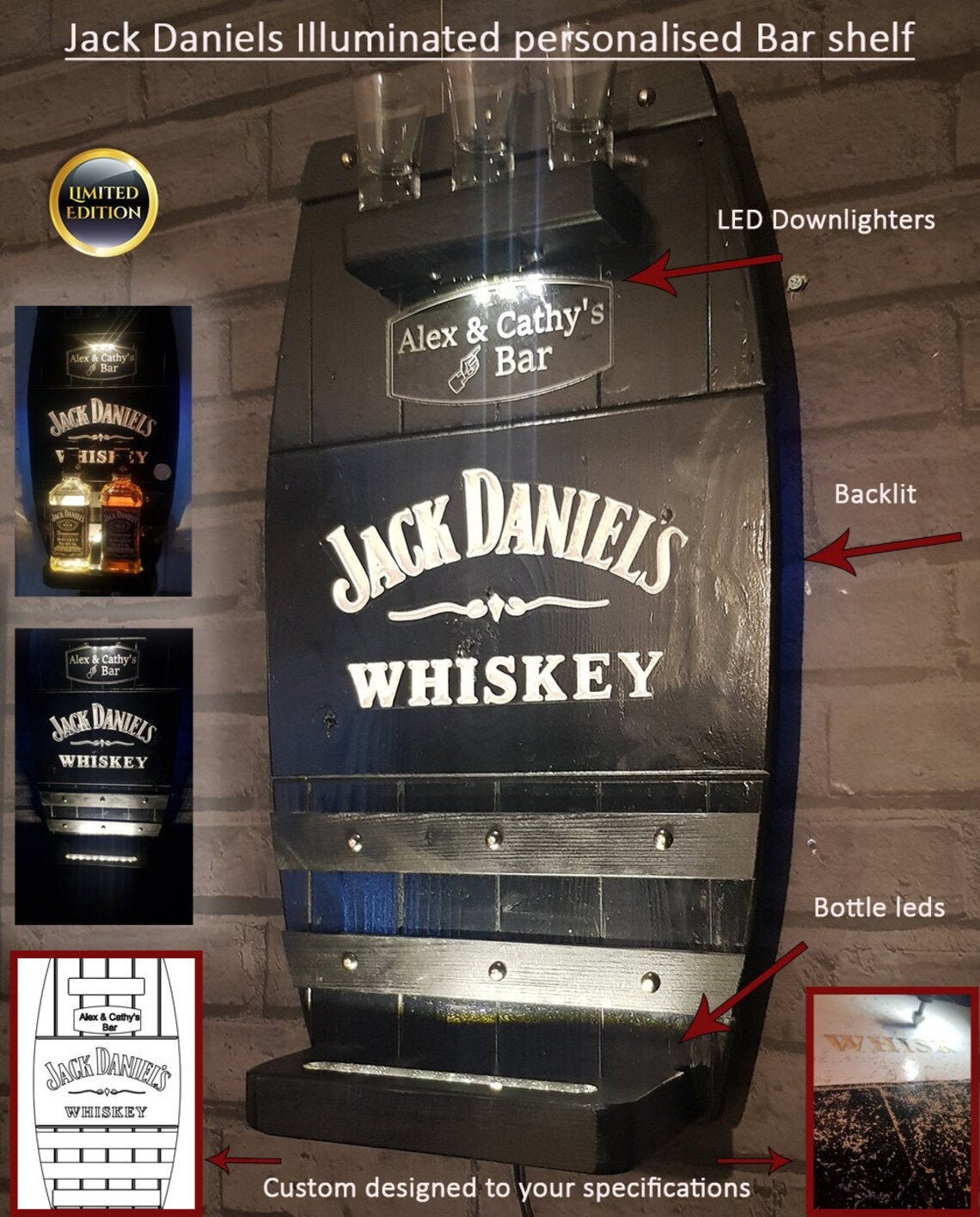 Jack Daniels Illuminated personalised Bar shelf for Man Cave Etsy