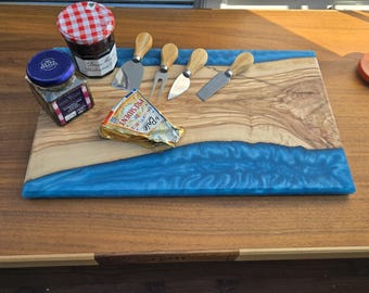 Handmade Olive Wood Resin River Charcuterie Board – Blue Epoxy Serving Tray