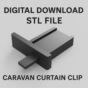 May include: A black caravan curtain clip, a 3D-printed STL file. The clip has a rectangular body with a T-shaped design, featuring a flat top and a protruding arm. Text on the image reads "DIGITAL DOWNLOAD STL FILE" and "CARAVAN CURTAIN CLIP."