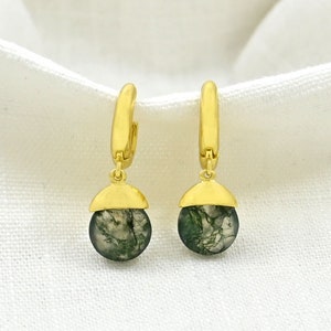 Green Moss Agate Hoop Earrings Gold Plated Boho Gemstone Earring