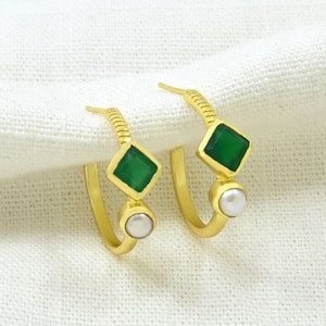 Emerald Pearl Hoop Earrings Gold Wedding Statement