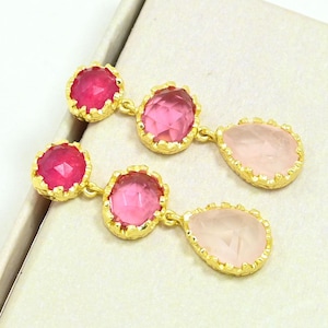 Rose Quartz Pink Tourmaline Gemstone Statement Earring Gold Plated