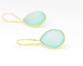 Aqua Chalcedony Gold Earring, Teardrop Light Blue Gemstone Earring Gold Plated Silver 925, Turquoise Blue Earring Birthstone, Noyre Berlin