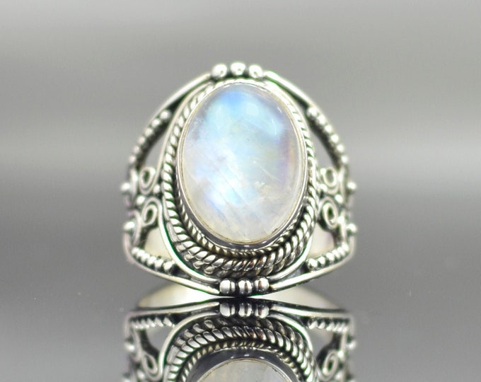 Oval Rainbow Moonstone Ring Silver 925, Big White Blue Flash Gemstone ...