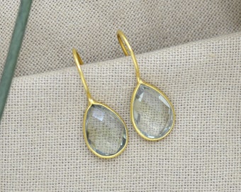 Prasiolite Earring Gold, Natural Green Amethyst Earring Gold Plated Silver 925, Teardrop Light Green Gemstone Crystal Earring, Noyre Berlin