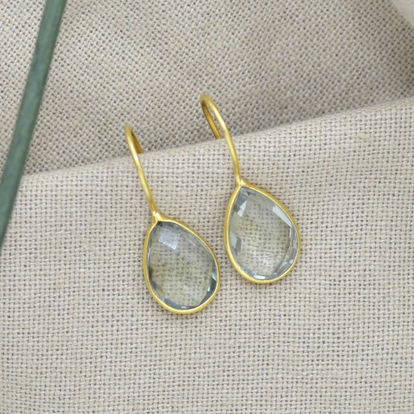 Prasiolite Earring Gold, Natural Green Amethyst Earring Gold Plated Silver 925, Teardrop Light Green Gemstone Crystal Earring, Noyre Berlin