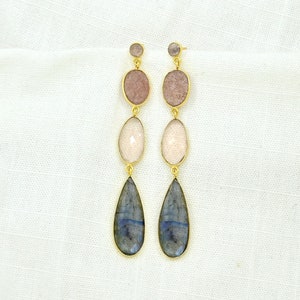Labradorite Statement Earring Gold Multi Color Gemstone Long Earrings