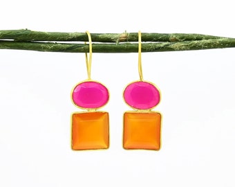 Pink Fuchsia & Orange Carnelian Gemstone Earring Gold, Hot Pink Gemstone Earrings Silver 925