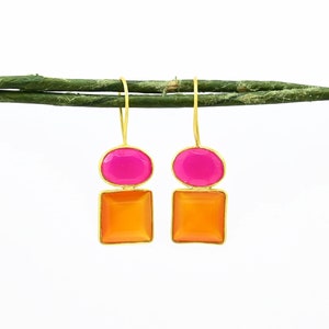 Pink Fuchsia & Orange Carnelian Gemstone Earring Gold, Hot Pink Gemstone Earrings Silver 925