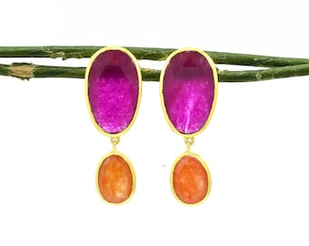 Pink Gemstone Earrings Gold Orange Stone Earring Statement