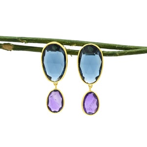 Blue Topaz Earring Gold Purple Amethyst Statement Earrings