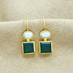 Emerald Earrings Gold Pearl Earring Green Gemstone Bridal Wedding Statement