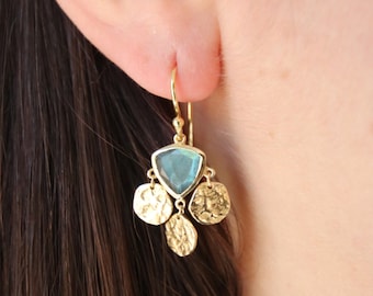 Labradorite Hammered Coin Gold Plated Earring Silver 925, Gold Textured Coin Bohemian Chunky Boho Earring, Noyre Berlin