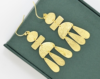 Gold Geometric Long Earrings, Golden Textured Earrings, Long Chandelier Earring Gold, Gold Architectural Earrings, Gold Asymmetrical Earring
