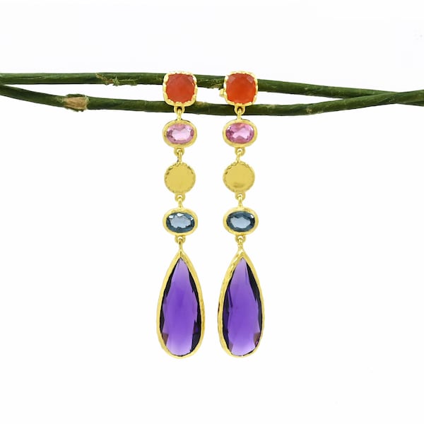 Purple Amethyst Statement Earring Gold Multi Color Gemstone Long Earrings Pink Tourmaline