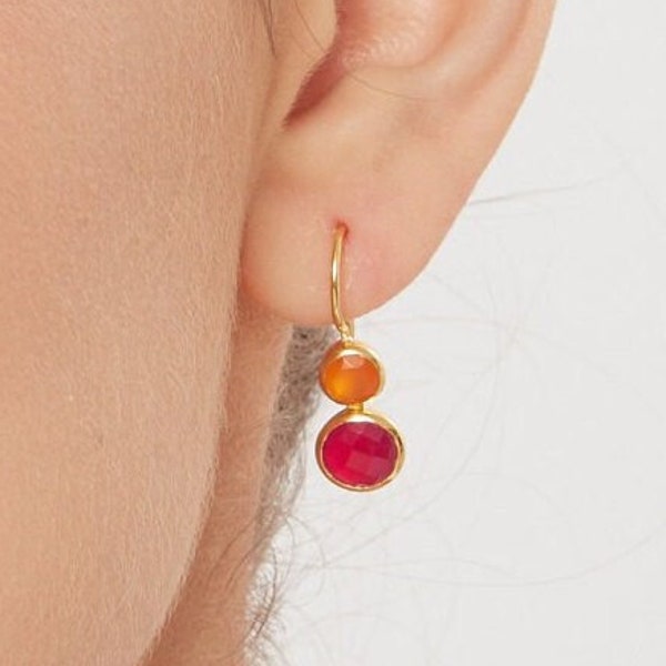 Pink Fuchsia Ohrringe Gold Orange Stein Mini Ohrring Bunt Edelstein Ohrhänger