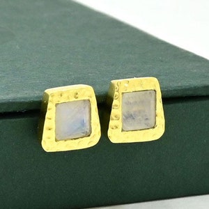 Rainbow Moonstone Stud Earring Gold White Gemstone Boho Earrings