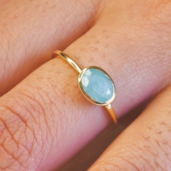 Natural Amazonite Ring Gold Plated Silver 925, Oval Mint Green Gemstone Delicate Dainty Ring, Golden Minimalist Stacking Ring, Noyre Berlin