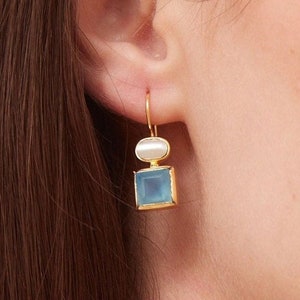 Aquamarine Pearl Earring Gold Plated Bridal Wedding Earrings