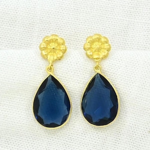 Blue Topaz Gemstone Earring Gold Plated Silver 925