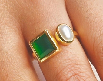 Pearl Emerald Rings Gold Green Gemstone Statement Ring