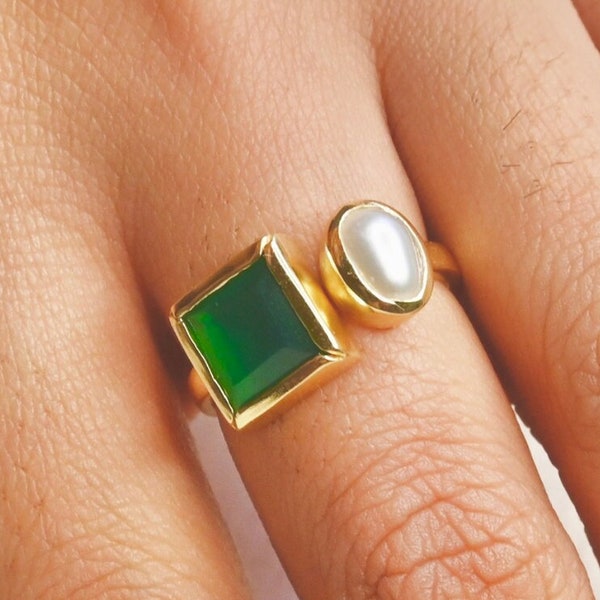 Smaragd Ring Gold Perle Ringe Grüner Stein Statement Ring