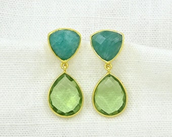 Amazonite Statement Earring Gold Green Prasiolite Gemstone Earrings