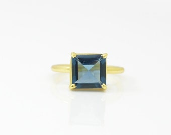 Blue Topaz Statement Ring Gold Square Gemstone Stacking Rings