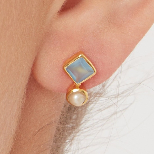 Aquamarine Mini Stud Earrings Gold Pearl Studs Small Earring