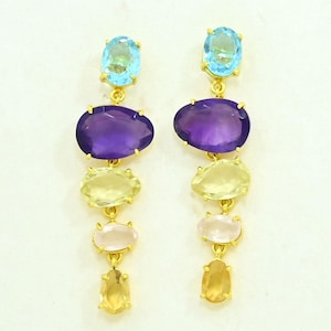 Multi Color Gemstone Statement Earrings Gold Plated Silver 925