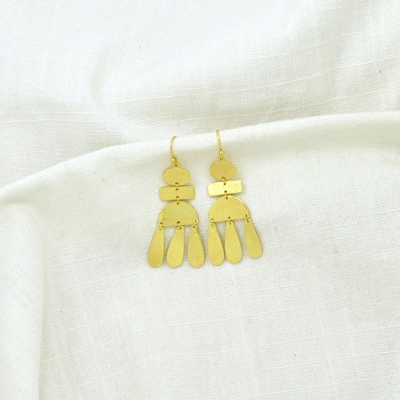 Gold Geometric Long Earrings, Golden Textured Earrings, Long Chandelier Earring Gold, Gold Architectural Earrings, Gold Asymmetrical Earring image 6