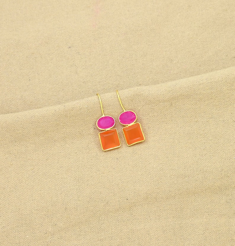Pink & Orange Karneol Ohrring Gold, Fuchsia Pink Stein Ohrringe Silber 925 Bild 5