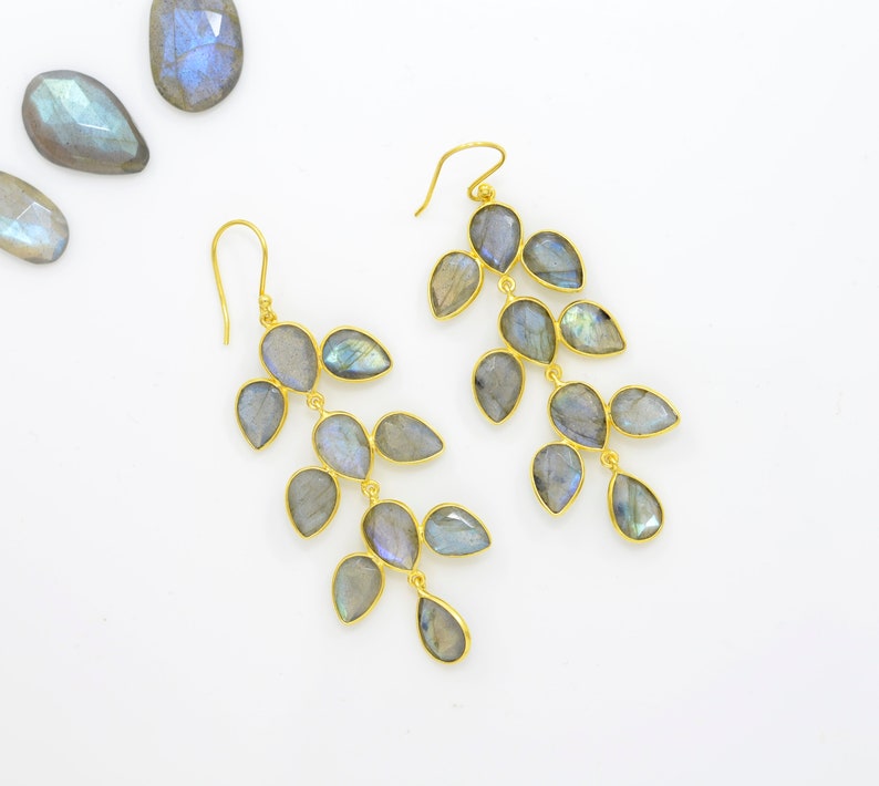 Grey Gemstone Long Earring 18ct Gold Plated Silver 925 Noyre Berlin Chandelier Big Earrings Labradorite Gold Earring Statement Earring