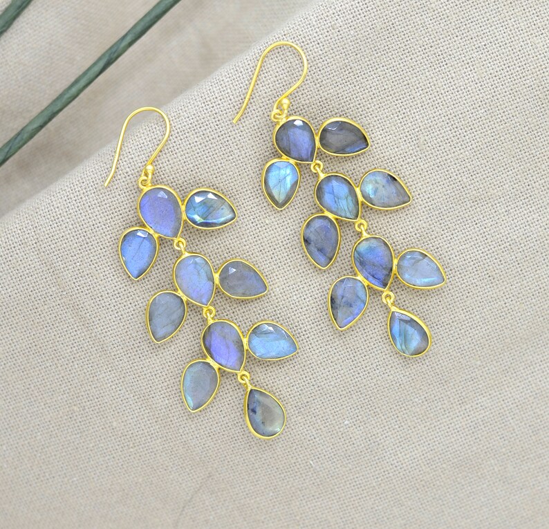 Grey Gemstone Long Earring 18ct Gold Plated Silver 925 Noyre Berlin Chandelier Big Earrings Labradorite Gold Earring Statement Earring