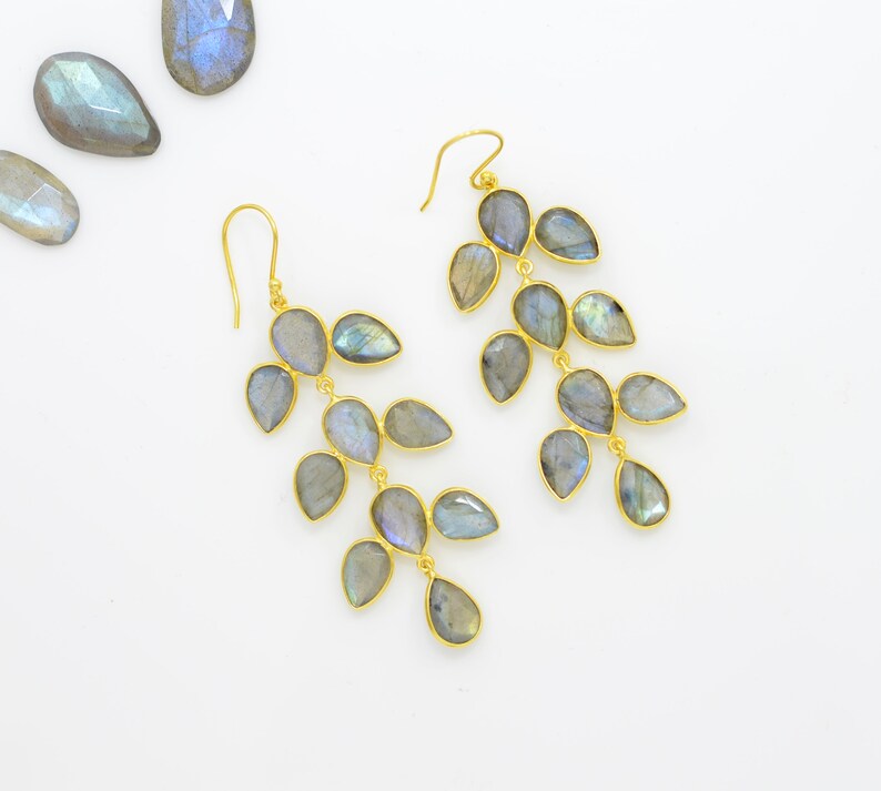 Grey Gemstone Long Earring 18ct Gold Plated Silver 925 Noyre Berlin Chandelier Big Earrings Labradorite Gold Earring Statement Earring
