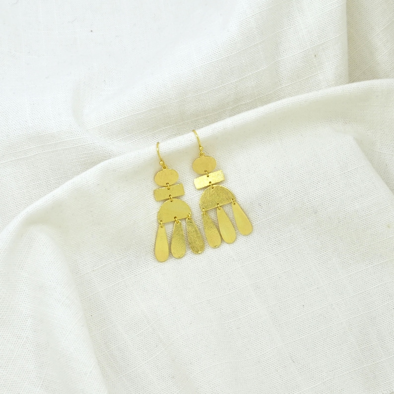 Gold Geometric Long Earrings, Golden Textured Earrings, Long Chandelier Earring Gold, Gold Architectural Earrings, Gold Asymmetrical Earring image 7