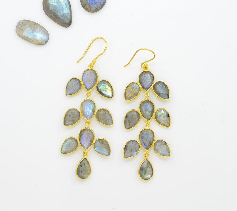 Grey Gemstone Long Earring 18ct Gold Plated Silver 925 Noyre Berlin Chandelier Big Earrings Labradorite Gold Earring Statement Earring
