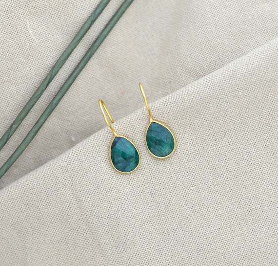 Teardrop Raw Emerald Gold Plated Earrings Silver 925, Dark Green Gemstone  Vermeil, Natural May Birthstone, Boho Chic Jewelry, Noyre Berlin - Etsy