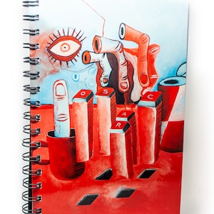 May include: Spiral-bound notebook featuring an abstract painting with red, orange, and blue hues. The artwork includes a stylized eye, fingers, and the letters "OSCAR" on red blocks. A can with red and white stripes is also depicted.
