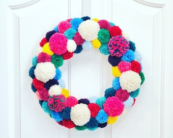Everyday Bright Colorful Wreath | Christmas Front Door Wreath | Year round Wreath | Pom Pom Wreath | Handmade Wreath Merry and Bright Wreath